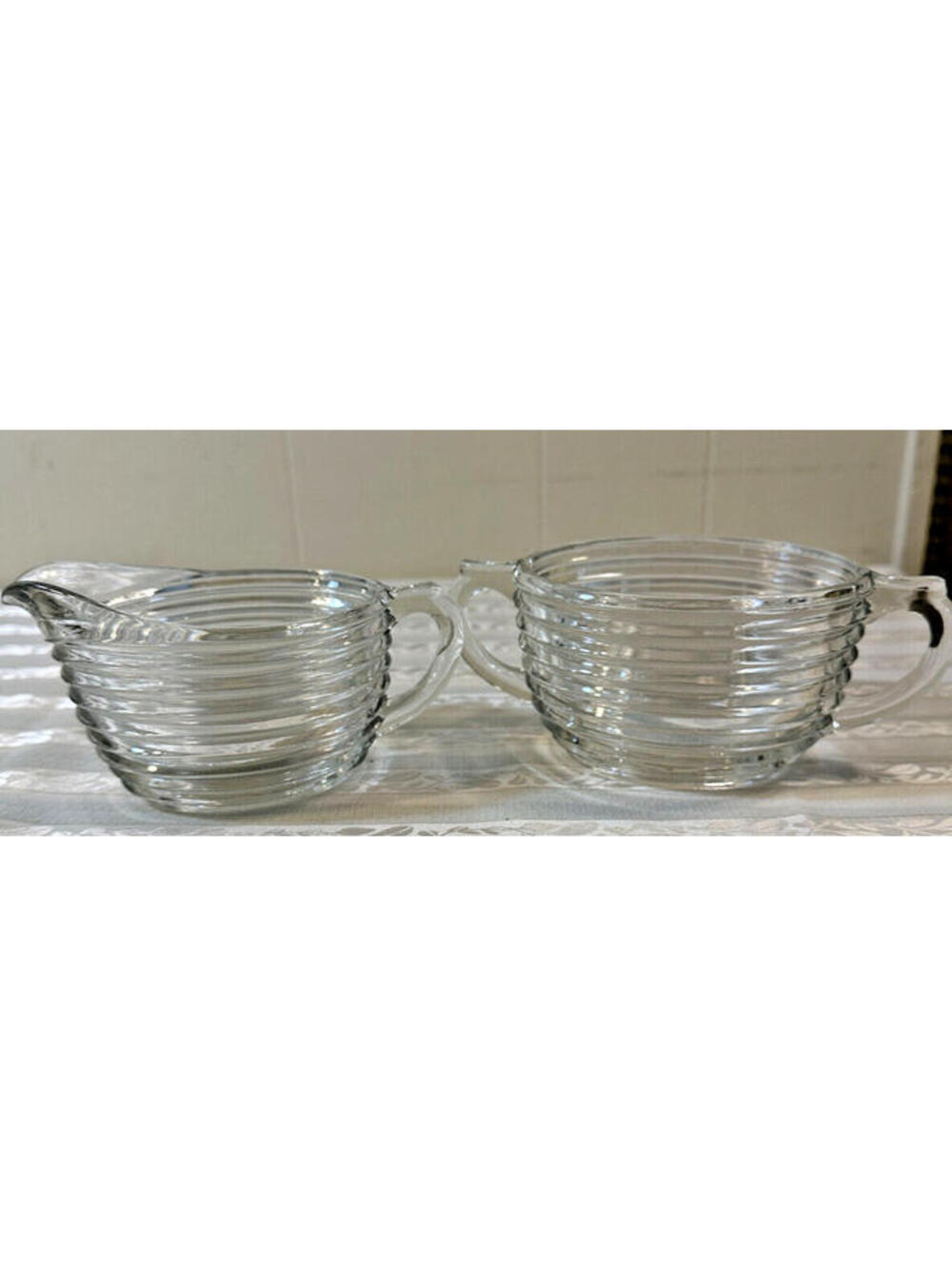 Vtg Anchor Hocking Glass MANHATTAN  Cream Sugar Bowls 1938-1943 Art Deco Ribbed